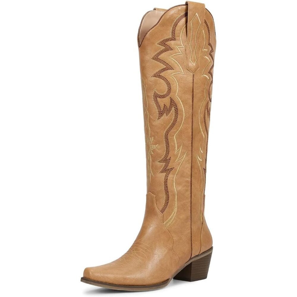 Women's Matte Tan Knee High Cowgirl Tall Boots with Classic Retro Embroidered